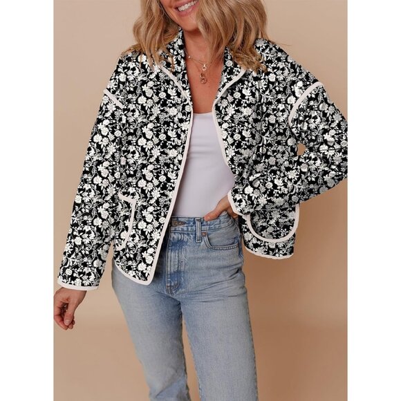Women's Floral Quilted Jackets Cropped Button Down Padded Puffer Jacket Black - Picture 2 of 5